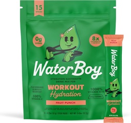 Waterboy Workout Hydration | 2,960mg Suhkruvaba elektrolüüt pulber pakendid | L-Glutamiin + vitamiinid | Ilma suhkruta, kõik looduslikud, gluteenivabad | 15 joogipulgasegud (Fruit Punch)