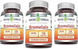 Amazing Formulas Bromelain Supplement | 500 Mg | 2400 GDU | 120 Veggie kapslid | Non-GMO | Gluteenivaba | Valmistatud USAs (3 Pack)