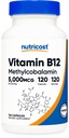 Nutrikost Vitamiin B12 (metüülkobalamiin) 5000 mg, 120 kapslit - taimetoitlased kapslid, mitte-GMO, Gluteenivaba B12 täiendus