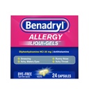 Benadryl Liqui-Gels Allergia Meditsiin, Dye-Free Vedel Gel Kapslid 25 mg Difenhüdramiin HCl Antihistamiini leevendamiseks Allergia & Külmad sümptomid nagu Runny Nina & Aevastamine, 24 ct