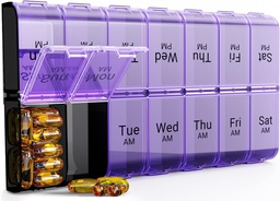 Iganädalane AM PM Extra Large Pill Korraldaja, 7-päevane pillide juhtum 2 korda päevas, XL-päeva ööpillide juhtum kaks korda päevas, vitamiinide ülemõõduline igapäevane meditsiinikorraldaja, pillide konteiner (Purple)