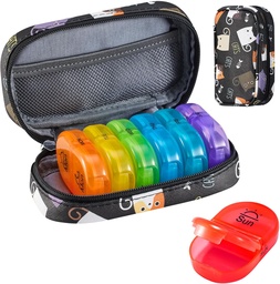 Serfeymi Weekly Travel Pill Korraldaja 2 korda päevas PM Täiustatud Vikerkaar Pill Box 7 päeva kaasaskantav Zipper PU Nahk pillid juhul, meditsiin Korraldaja pillid, vitamiinid, kalaõlid - Black 02