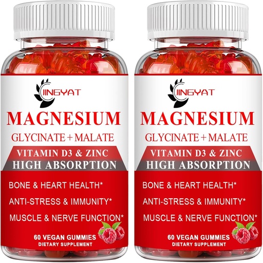(2 Pack) Kortisooli lisand Magneesiumkummid 1000mg meestele ja naistele, magneesiumkompleksi lisand w / glütsinaat 500mg, malaat 500mg, vitamiinid D3, tsink - vegan ja looduslik
