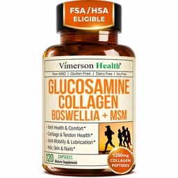 Glükoosamiin Kondroitiin MSM hüdrolüüsitud kollageenpeptiididega - ühine tugilisa kvertsetiini, bromelaini ja boswellia ekstraktiga - kollageeni tabletid juuste naha küünte jaoks - FSA Abikõlblikud 120 kapslit