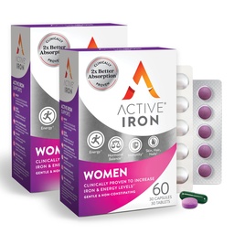 Aktiivne raualisandi 25mg + multivitamiin naistele - kliiniliselt tõestatud, et suurendada energiat ja vähendada väsimust - õrn, mitte-kinnipidav raud + naiste multivitamiin - 60 kapslit + 60 tabletti
