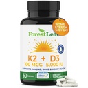 ForestLeaf Vitamiin D3 + K2 (MK7) täiendus - MenaQ7 - Kaltsium ja vitamiin D3 5000 RÜ Max Imendumine - Hammaste ja luude tugevus, südame tervis, immuunsüsteemi tugi - 60 Veggie kapslit