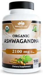 NaturaLife Labs Organic Ashwagandha 2100 mg per Serving – Juur Powder & Extract – 100 kapslit – Vegan, Non-GMO, Gluteenivaba