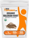 BulkSupplements.com Orgaaniline Valerian Extract Pulber - Allikas Valerian Juur, Taimne täiendus - Gluteenivaba, 1 g per Serving, 500g (1,1 naela) (Pack of 1)