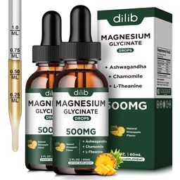 (2 Pack) Magneesiumglütsinaadi lisand, magneesiumvedelik tilgad magneesiumglütsinaadiga 500mg Ashwagandha, L - Theanine, Kummel - Toetab optimaalset rahulikku unevegan
