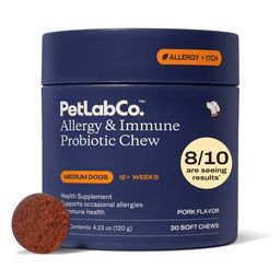 PetLab Co. Allergy & Immune Daily Probiootikumid koertele. Toetab pärmseente tootmist, hooajalisi allergiaid, vahelduva sügeluse, soolestiku ja seedetrakti tervist keskmise suurusega koertele, pakend võib varieeruda