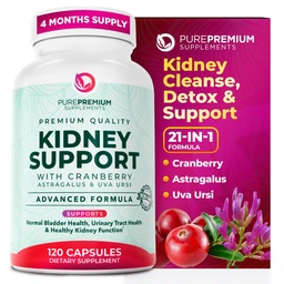 PurePremium Neerutoetus Täiendus - Neerupuhastus Detox & Remont koos Jõhvikaekstrakti & Astragalus - 21-in-1 kompleks toetab normaalset põit, kuseteede ja neerude tervist - 120 päeva pakkumine