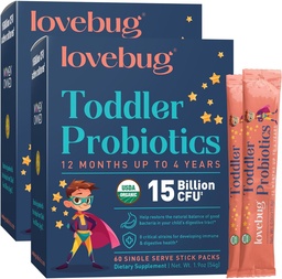 LOVEBUG Kids Probiootiline pulber prebiootiliste kiudainetega - väikelaste immuunsuse toetamine ja kõhukinnisuse leevendamine - USDA orgaanilised probiootikumid lastele soolestikule ja seedetrakti tervisele (vanused 1-4) - 60 pakendit (maitsestamata)