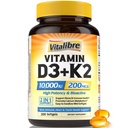 Vitamiin D3 K2 täiendus, 10000 IU D3 / 200 mcg K2 MK7, kaltsiumi imendumine, luu, süda, immuun- ja meeleolutoetus, tõhustatud imendumine, soja, lihtne neelata, 300 Softgels