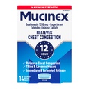 Mucinex Rindkere ummistus , maksimaalne tugevus 12 tundi pikendatud vabastavad tabletid , 14 ct , 1200 mg Guaifenesiini koos laiendatud leevendamisega rindkere ummistusest , mida põhjustab ülemäärane lima , õhukesed ja lõdvendavad lima