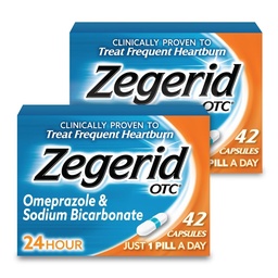 Zegerid OTC, 24-tunnine kõrvetiste leevendamine, happe refluksmeditsiin ja antatsiid, ravivad sagedasi kõrvetisi, omeprasool 20mg + naatriumvesinikkarbonaat, prootonpumba inhibiitor (PPI), kaks 42ct karpi