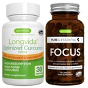 Longvida Lipidated Curcumin 500mg + Focus Brain Booster Vegan Bundle, Ultra Bioavailable Curcumin + kofeiin, L-Theanine, Tauriin & L-türosiin, B-vitamiinid, tsink & vask, autor Igennus