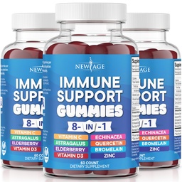 NEW AGE 8 in 1 Immune Support Booster Supplement Astragalus Juur, vitamiin C ja tsink 50mg, vitamiin D 5000 IU, Quercetin & Bromelain (8 in 1 Gummies (Pack of 3)