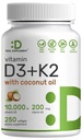 DEAL TARNIMINE Vitamiin D3 10 000 IU + K2 MK7 200mcg Softgels, 250 Count | 2-in-1 Kompleks Neitsi Kookosõli | Lihtne neelata
