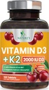 Vitamiin D3 K2 2000 RÜ Plus koos K2-ga (MK-7) 75 mcg - vitamiinid D & K komplekslisa luudele, hammastele, lihastele, kaltsiumi imendumisele, toetab immuunsüsteemi ja südame tervist, mitte-GMO näritav valem - 120 tabletti