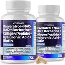Vitamax Resveratrool NAD+ Berberiin Hüaluroonhape - Biotiin Viinamarjad & mustikad + NAC - kollageenpeptiidid - Juuksed, küüned, nahk ja liigeselisandid - 21-in-1 Naised ja mehed - valmistatud USAs - 120 Count
