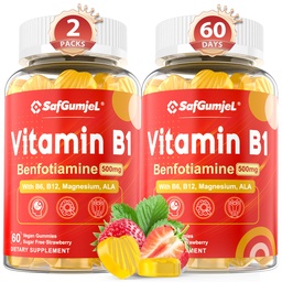 Vitamiin B1 Gummies | Benfotiamiin 500mg vitamiin B6 B9 B12 ja magneesium närvide tervise, energia ja ainevahetuse toetamiseks | Suhkruvaba, GMO-vaba, vegan, 120 loeb