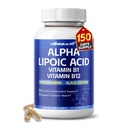 Alfa-lipohappe kõrge potentsi vitamiin B1, vitamiin B12, benfotiamiin, ubikinool, must pipar - raku tervise toetamine - 150 loend - valmistatud ja testitud USA-s