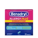 Benadryl Allergy Plus Congestion Ultratabs, Meditsiin Difenhüdramiin HCl Antihistamiin & Phenylephrine HCl Nasaalne dekongestant, Allergia & Siinus Ummistus Relief Tablets, 24 ct