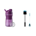 BlenderBottle SportMixer Shaker Bottle Perfect Protein Shakes ja Pre Workout, 20-Ounce, Plum & 2-in-1 Shaker Bottle and Straw Cleaning Brush, 1 Pack,Gray
