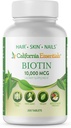 California Essentials Biotin 10000mcg  Vitamin Vitamiin B7 soodustab tervislikku nahka, juuste ja küünte kasvu | Suure potentsiga toidulisand meestele ja naistele | Mitte-GMO, vegan, gluteen ja piimavaba (200 tabletti)
