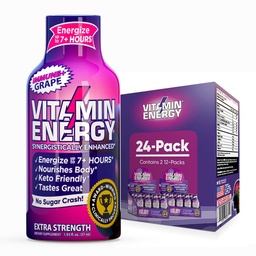 Vitamiinenergia Immuunsus + ekstra tugevus Energia Shot Grape 24 Pack, 260mg looduslik kofeiin, B-vitamiinid, tsitikoliin, roheline tee, immuunsuse ja fookuse toetus, null suhkur, gluteenivaba 1,93 fl oz