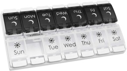EZY DOSE Push Button (7-päevane) Pill Case, Medicine Planner, Vitamiini Organizer, 2 korda päevas AM / PM, Eemaldatavad salved, suured osad, Artriit Sõbralik, Spring Open Black ja White Lids, BPA tasuta