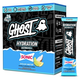 GHOST Hüdratsioonipaketid, Sonic Ocean Vesi, 24 pulgad, elektrolüütide pulber - joogisegu lisandiga magneesium, kaalium, kaltsium, C-vitamiin - Vegan, soja, suhkru ja gluteeni vaba
