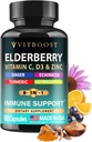 Elderberry Immune Support Supplement 8-in-1 valem Echinacea, Vitamiin C & tsink, Vitamiin D 5000 IU, Kurkum, Ingver, Ashwagandha – 60 kapslit