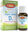 Carlson - Baby's Plant-Based Super Daily D3, Baby Taimetoitlane Vedel D-vitamiini tilgad, 400 IU (10 mcg) tilga kohta, Allikas vetikatest, imikutele ja väikelastele, maitsestamata, 90 tilka (2,54 ml)