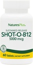 Natures Plus Shot-O-B12 (metüülkobalamiin), Püsiv vabanemine - 5000 mcg, 60 taimetoitlast tabletti - suure tugevusega, kiire toimega B12 lisand - mälu ja energia suurendaja - gluteenivaba - 60 serveerimist