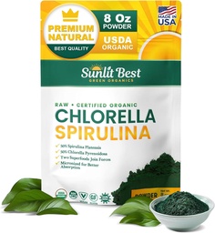 Parim USDA orgaaniline Chlorella Spirulina pulber - 100% toores ja vegan Valgu ja klorofülli allikas | Mitte GMO ja gluteenivaba supertoidu energiajook | Soolestiku tervise ja immuunsuse tugisammas, 8 oz