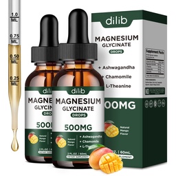 Magneesiumglütsinaat Vedelad tilgad Täiendus koos magneesiumglütsinaat 500mg Ashwagandha, L - Theanine, Kummel - Toetus Stress Relief, Luu, Lihased, Mood Mango Maitse 2Pack
