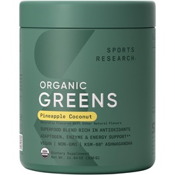 Sports Research® Organic Greens Superfood Powder w / Spirulina, Chlorella, Adaptogens, Ensüümid, Probiootikumid & 8 VIT Bs soolestiku ja meeleolu toetuseks * - Vegan, suhkruvaba ja madala kalorsusega ananassi Coconut 30 Servings