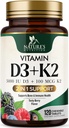 Vitamiin D3 K2 täiendus | 5000 IU D3 + K2 100 mcg | MK-7 K2 koos vitamiiniga D | toetab immuunsust, südant, hambaid ja luude tervist - looduse kerge närida, VIT D3 K2, mitte-GMO, maitsev marjamaitse - 120 tabletti