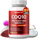 COQ10 + punase pärmi riisi lisand - 10-in-1 looduslik segu Omega 3 vitamiiniga B3, K2, D3, tsinkpiimaohakas must pipar - 150 loendit - valmistatud ja testitud USA-s