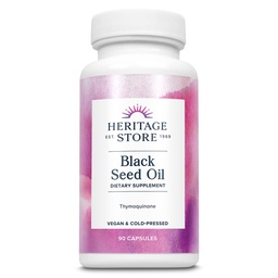 HERITAGE STORE Black Seed Oil Vedelkapslid 650mg, Nigella Sativa õlilisandi koos tümokinooniga, Omega 3 6 9, antioksüdant, kolesterool, seedetrakti, liigese ja immuunsüsteemi tugi *, Vegan, 45 Serv, 90ct