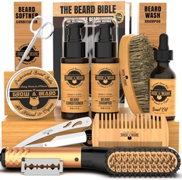 Beard Straightener Grooming Kit meestele, Beard Growth Kit, Wash, Brush & Comb, Unscented Growth Oil, All Natural Chanel Balm, konditsioneer, Razor & Käärid, Great Gift Idee meestele (Bamboo)
