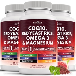 NEW AGE COQ10 200mg punane pärmseente riis Omega 3-6-9 Magneesiumi kompleks Tsink Vitamiin K2 D3 - Naiste ja meeste vitamiinide toetamine B3-vitamiiniga, koensüüm Q10-180 loend