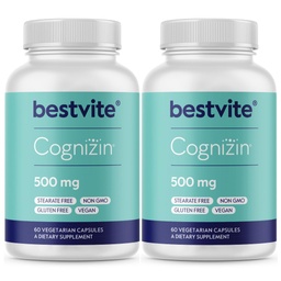 BESTVITE Cognizin Citicoline 500mg (120 taimset kapslit) (60x2) - kliiniliselt uuritud Premium Koliin Nootroopne - Ei Stearates - Vegan - Gluteenivaba - Aju toidulisandid mälu ja fookus