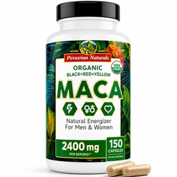 Orgaaniline Maca juurkapslid naistele ja meestele 2400mg ühe serveerimise kohta - 150 pillid must, punane, kollane Maca täiendus - želatiniseeritud makarooot, mitte-GMO, vegan Peruu Naturals