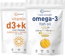 Mikrokoostisosad Vitamiin D3 5000iu + K2 100mcg Softgels & Omega-3 Fish Oil 120 Softgels Bundle 2 Pack | Essential Sunshine Vitamins | Wild-Caught Fish, Sidrun Maitsestatud, Burpless