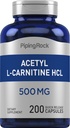 Piping Rock Atsetüül L- Karnitiin HCL | 500 mg | 200 pulbrikapslid | Mitte-GMO, Gluteenivaba täiendus
