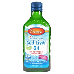 Carlson - Kid's Cod Maks Oil, 550 mg Omega-3s, vitamiinid A & D3, Wild Norwegian, Bubble Gum, 250 ml