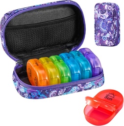 Serfeymi Weekly Travel Pill Korraldaja 2 korda päevas PM Täiustatud Vikerkaar Pill Box 7 päeva kaasaskantav Zipper Canvas Pill Case, Meditsiini Korraldaja Pillid, Vitamiinid, Kalaõlid - Purple 01