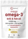 Mega Omega-3 Krill & Fish Oil 2000mg ekvivalent, 240 Softgels | Sidrunimaitseline | Burpless | Essential Fatty Acids & Astaxanthin | EPA 350mg + DHA 230mg | Heart & Brain Supplement